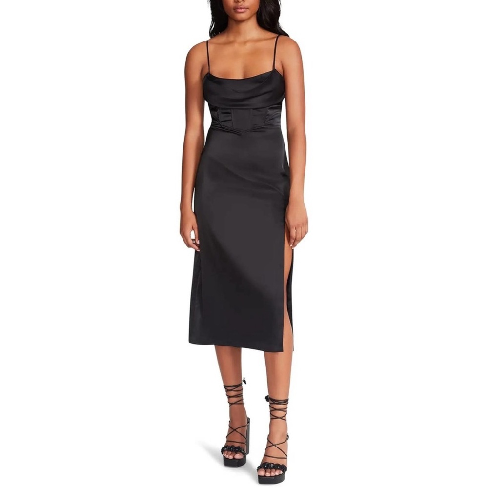 Jason Wu Black Satin Corset Bodice Thigh Sit Cocktail Midi Dress Size M